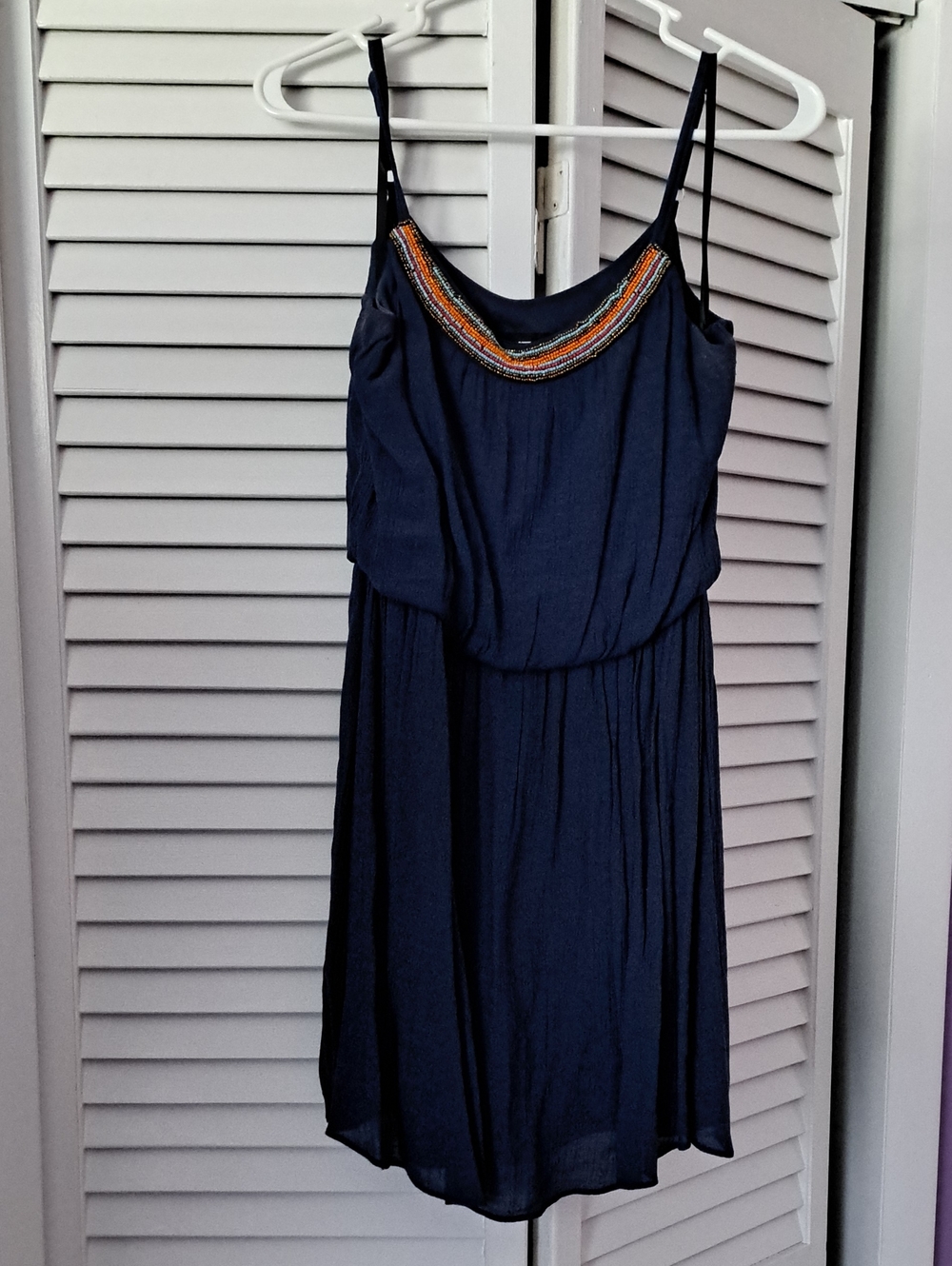 Womens Navy Mini Dress with Beaded Multicolor Neckline